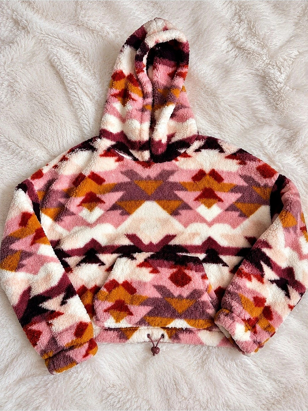 Aeropostale Aztec Pink Fluffy Sherpa Fleece Cinch Hoodie Pink & White Medium
